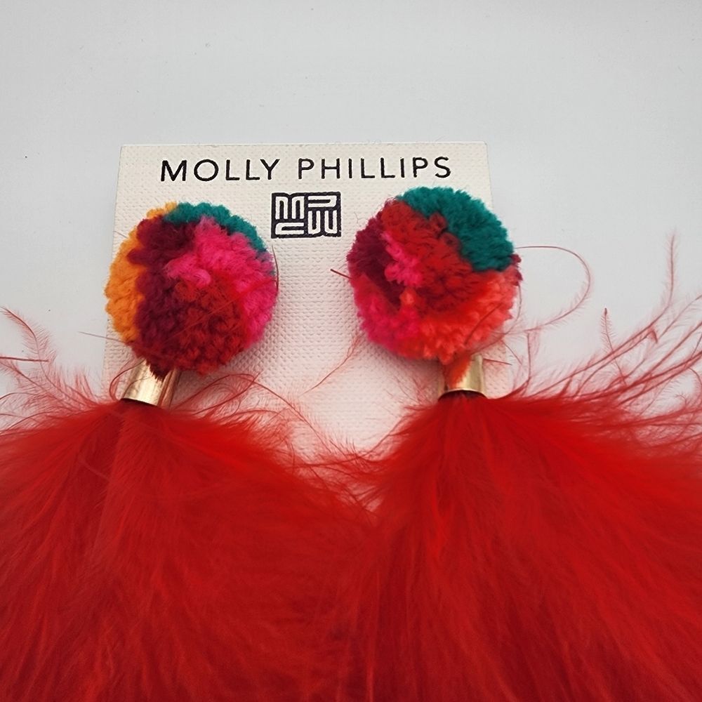 NWT Molly Phillips Multicolored Pom Pom & Red Feather Earrings - Picture 2 of 4